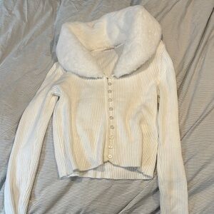 Ardene White Cardigan with Faux Fur Collar